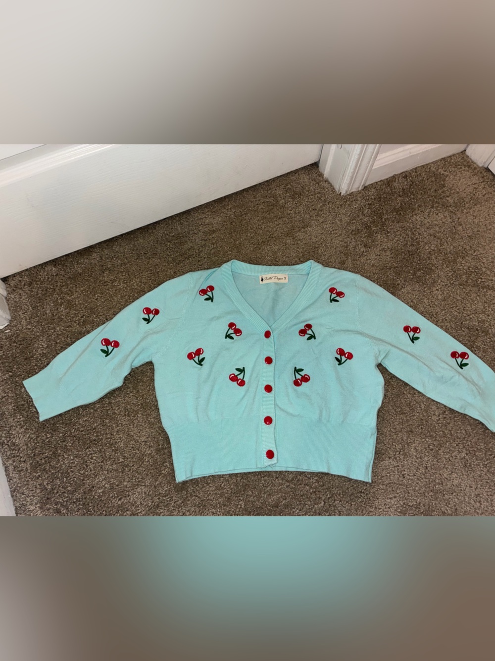 Cherry Embroidered Aqua Cardigan